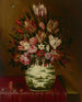 Natuurschilderij met bloemen in een porseleinen vaas op een gedrapeerde tafel - Hieronymus Wechinger — weergave van het kunstwerk