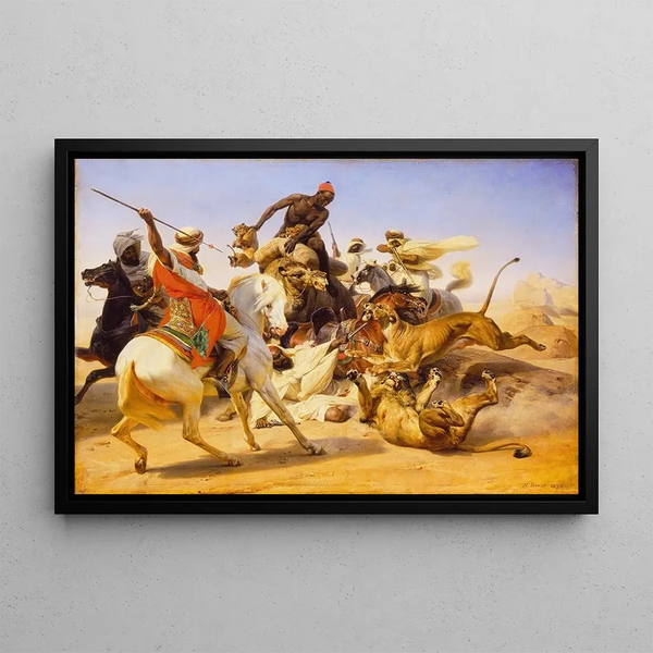 De jacht op de leeuw - Horace Vernet — ingelijst kunstwerk aan de muur