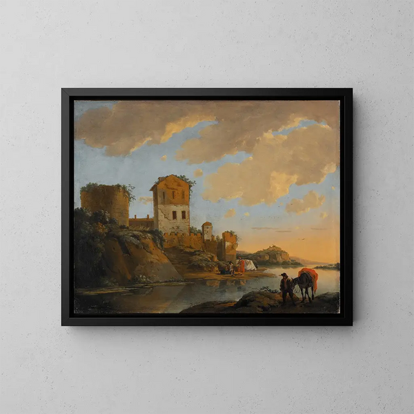 Landschap met rivier en ruïnes in Italië - Horatius de Hooch — ingelijst kunstwerk aan de muur