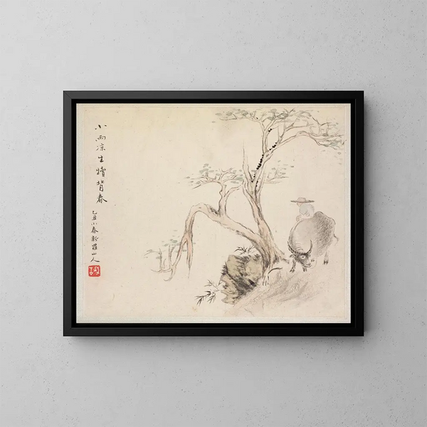 Un homme est assis sur un buffle d'eau - Hua Yan — framed artwork on a wall