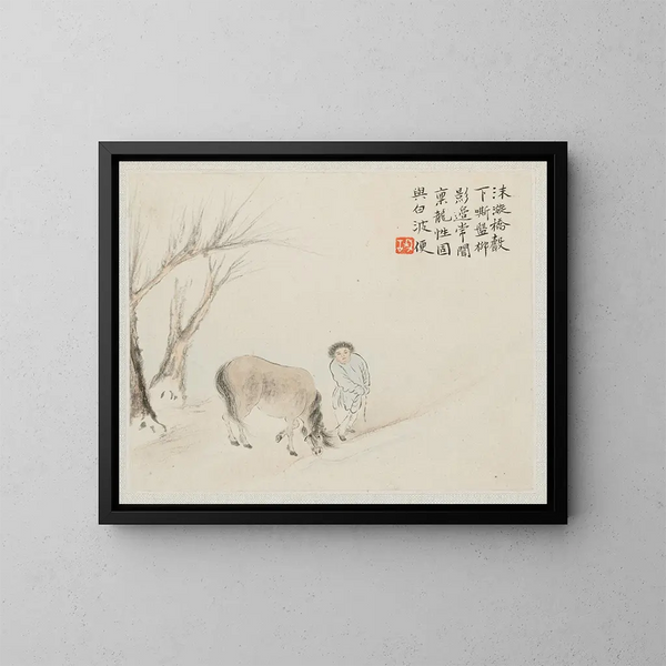a man and a horse near a stream - Hua Yan — framed artwork on a wall