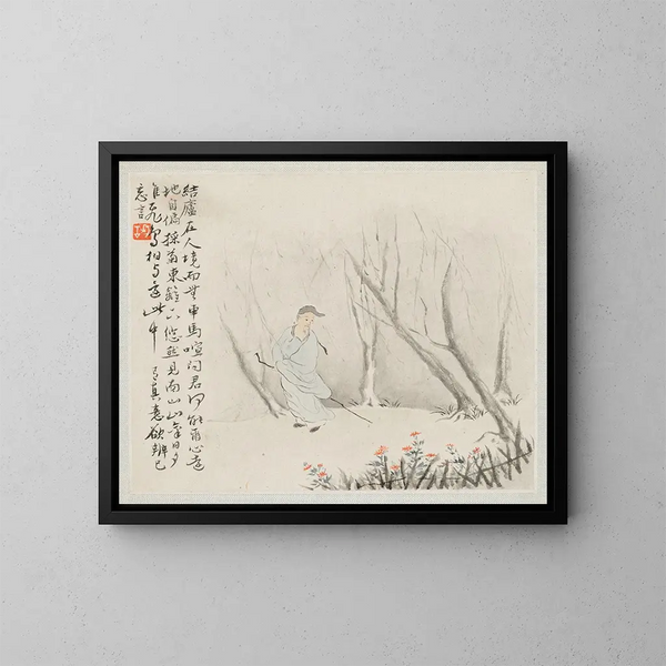 An old man with a stick walking on a wooded path - Hua Yan — framed artwork on a wall