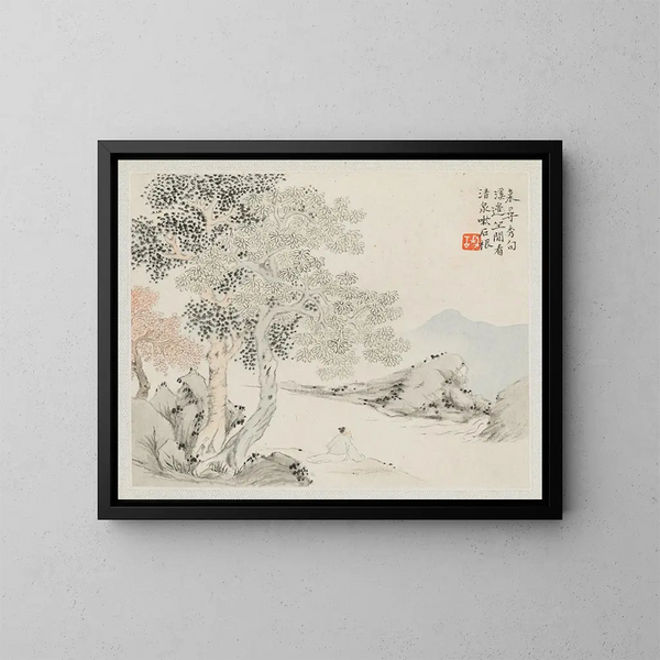 Three tall trees and a stream with an old man sitting on the bank - Hua Yan — framed artwork on a wall