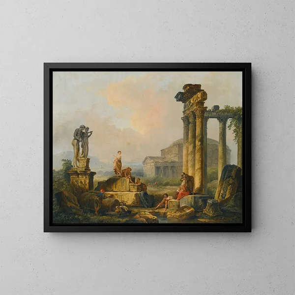 a landscape with shepherds and shepherdesses among ancient ruins with the statue of Castor and Pollux and the Pantheon in the distance - Hubert Robert — framed artwork on a wall