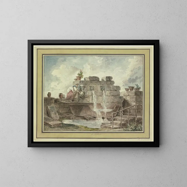A Roman fountain with a woman collecting water - Hubert Robert — framed artwork on a wall