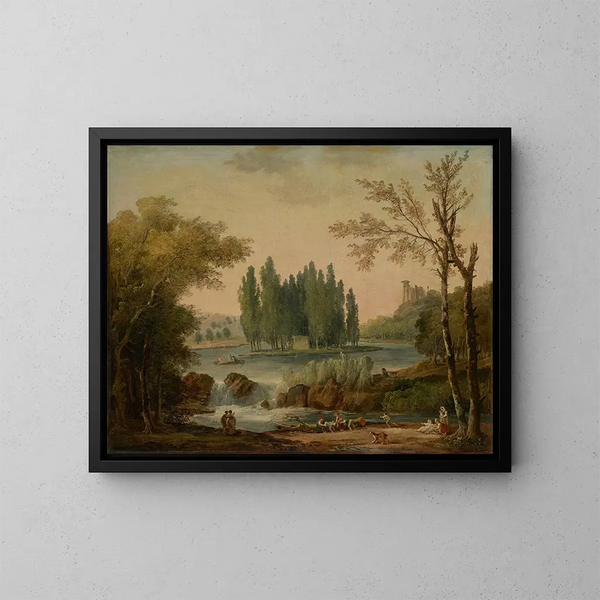 View of the Ermenonville Park with the Tomb of Jean-Jacques Rousseau and the Temple of Philosophy - Hubert Robert — framed artwork on a wall