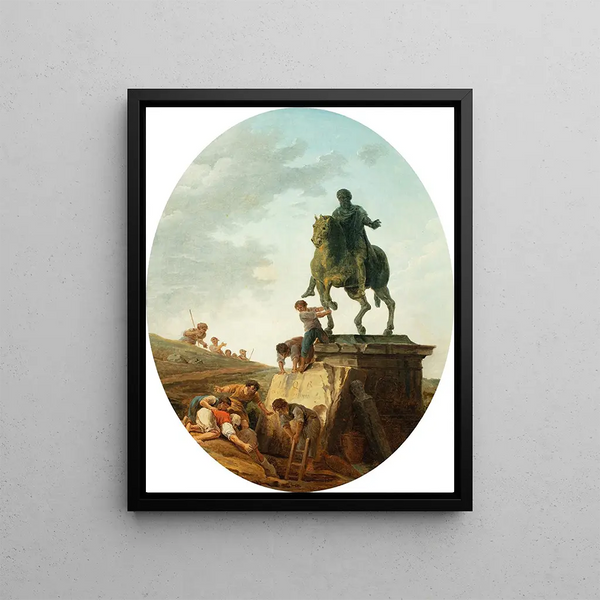 a lively landscape with the statue of Marcus Aurelius - Hubert Robert — framed artwork on a wall
