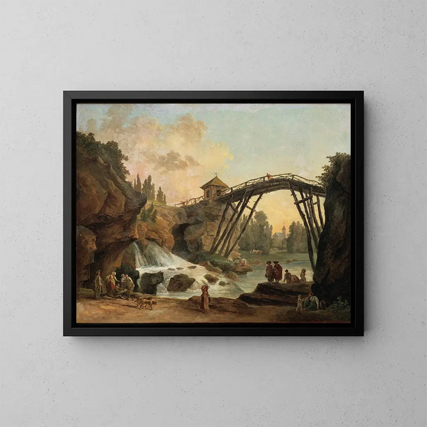 a Drawing of a person drawing the wooden bridge in Mrville park - Hubert Robert — framed artwork on a wall
