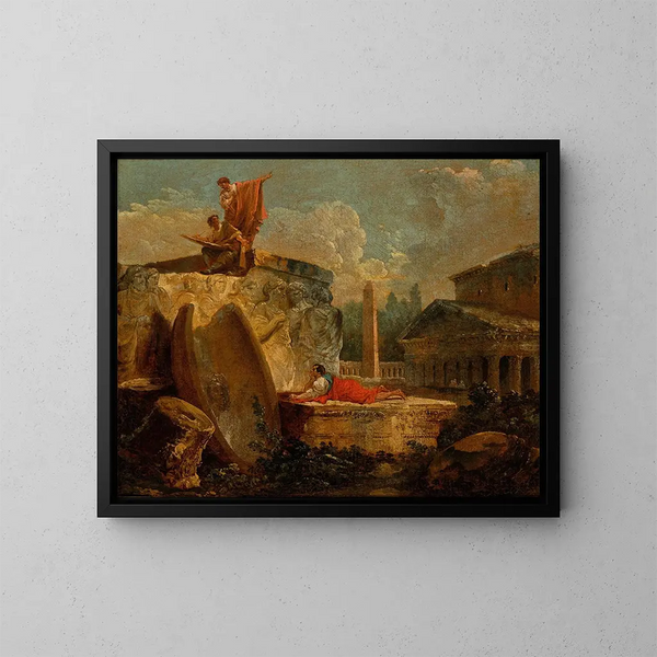 Drawers in a landscape with ancient ruins - Hubert Robert — framed artwork on a wall