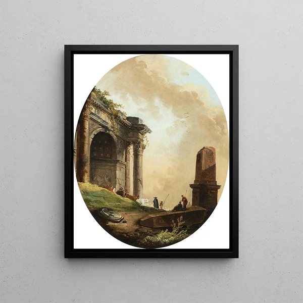 The Shepherds and Their Livestock in front of an arch and a ruined obelisk - Hubert Robert — framed artwork on a wall