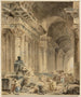 Galerie à colonnes voûtées avec statue antique assise - Hubert Robert — weergave van het kunstwerk