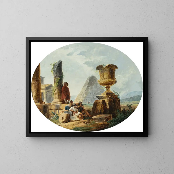 Landschap met soldaten en een piramide - Hubert Robert — ingelijst kunstwerk aan de muur