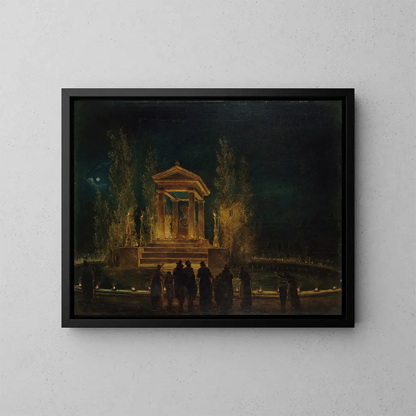 Het voorlopige mausoleum van Jean-Jacques Rousseau op het bassin van de Tuileries vóór de vertaling van zijn as naar het Panthéon, nacht van 10 op 11 oktober 1794 - Hubert Robert — ingelijst kunstwerk aan de muur