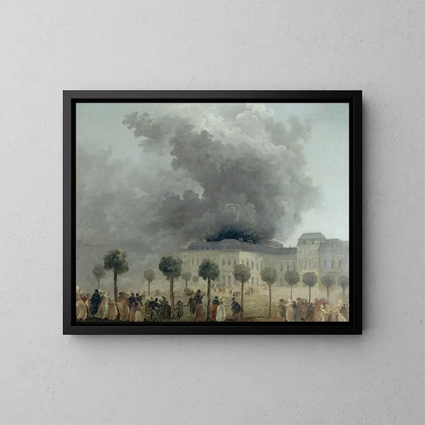 L'incendie de l'Opéra seen from the gardens of the Palais-Royal on June 8, 1781 - Hubert Robert — framed artwork on a wall