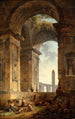 Ruïnes met een obelisk op de achtergrond - Hubert Robert — weergave van het kunstwerk