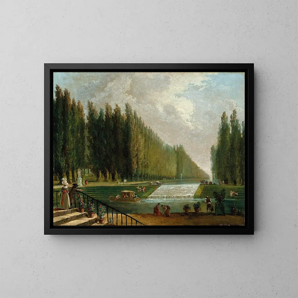 van Hubert Robert: Het park van een landhuis met personages die wandelen bij een waterval — ingelijst kunstwerk aan de muur