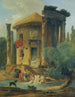Lavandières aan de rand van een rivier onder een ronde ruïne tempel - Hubert Robert — weergave van het kunstwerk