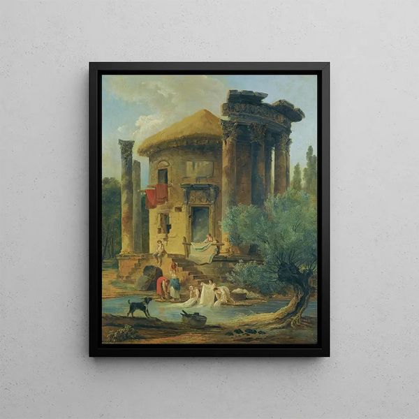 Lavandières aan de rand van een rivier onder een ronde ruïne tempel - Hubert Robert — ingelijst kunstwerk aan de muur