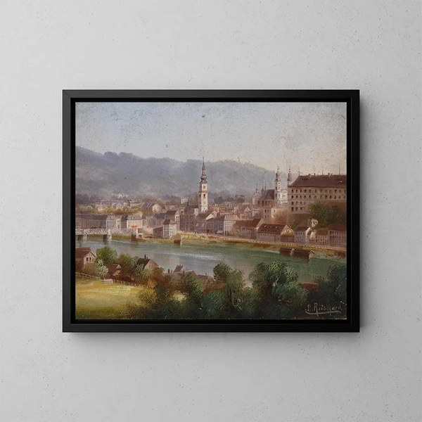 View of Linz - Hubert Sattler — framed artwork on a wall