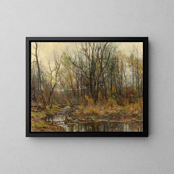 A Berkshire stream in autumn - Hugh Bolton Jones — framed artwork on a wall