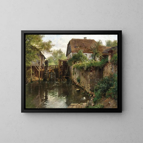 a painting of a mill near a stream - Hugo Darnaut — framed artwork on a wall