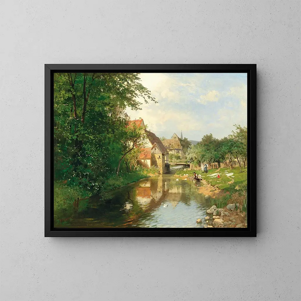 A village by the riverbank - Hugo Darnaut — framed artwork on a wall