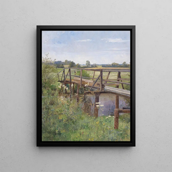 Summer Landscape Painting with Bridge - Hugo Darnaut — framed artwork on a wall