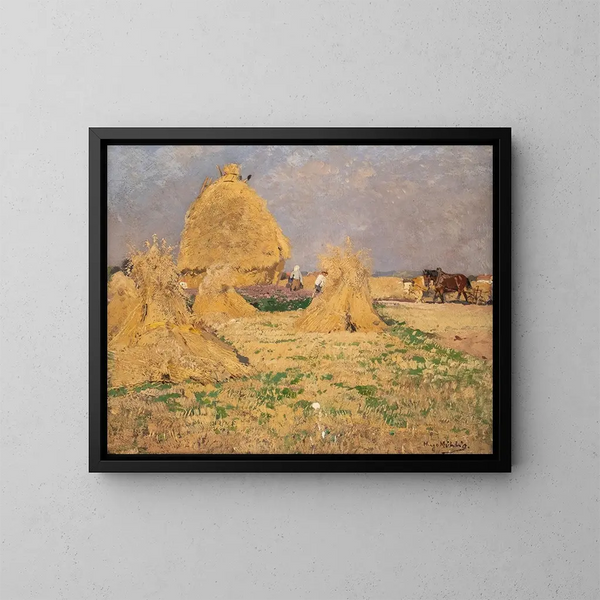 farmers harvesting hay - Hugo Mühlig — framed artwork on a wall