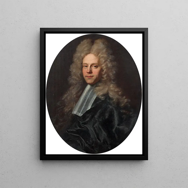 Portrait of a man of law in a black coat and large wig - Hyacinthe Rigaud — framed artwork on a wall