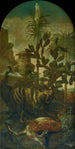 Hyène, antilope en casuaris in een cactuslandschap - Ignaz Heinitz von Heinzenthal — weergave van het kunstwerk
