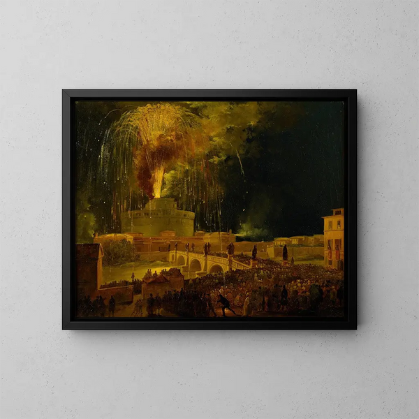 Vuurwerk van de Girandole vanaf het Castel Sant'Angelo in Rome - Ippolito Caffi — ingelijst kunstwerk aan de muur