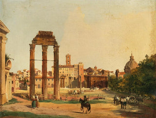 van het Romeinse forum met het tempel van Castor en Pollux - Ippolito Caffi — weergave van het kunstwerk