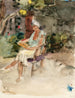 Vrouw die op een stoel in een tuin leest - Isaac Israëls — weergave van het kunstwerk