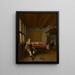 Een man die een glas wijn omver houdt in een interieur met twee dienaren die elkaar kussen bij een deur daarachter - Isaac Koedijck — ingelijst kunstwerk aan de muur
