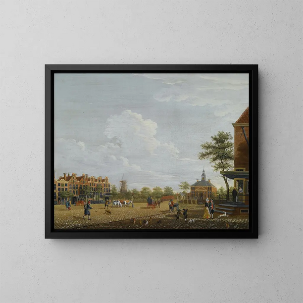 Amsterdam painting, view of the Weesperplein with the Weesperpoort and the corn mill Het Fortuyn on the Weesp fortification in the background - Isaac Ouwater — framed artwork on a wall