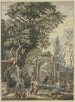Portaal antiek aan de linkerkant een standbeeld van Pan met altaar voorbereidingen voor het offer - Isaac de Moucheron — weergave van het kunstwerk