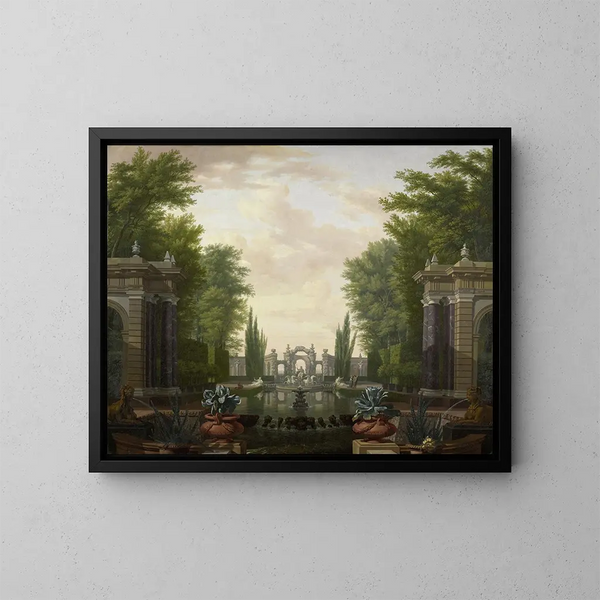 Water Terrace with Statues and Fountains in a Park - Isaac de Moucheron — framed artwork on a wall