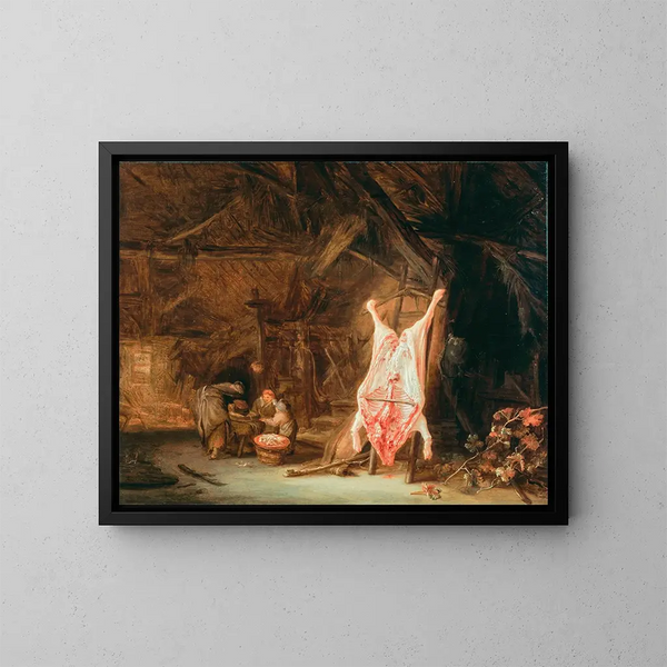Interior barn painting with a slaughtered pig, a woman preparing meat, and two children beyond - Isaac van Ostade — framed artwork on a wall