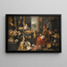Keukeninterieur met een chef en zijn assistent omringd door vlees en keukengerei, een open haard rechts - Italiaans-Vlaamse school — ingelijst kunstwerk aan de muur