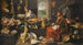 Keukeninterieur met een chef en zijn assistent omringd door vlees en keukengerei, een open haard rechts - Italiaans-Vlaamse school — weergave van het kunstwerk