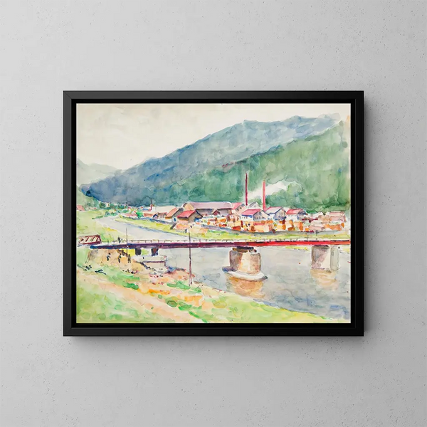 Landscape painting with view of the bridge over the river grska - Ivan Ivanec — framed artwork on a wall