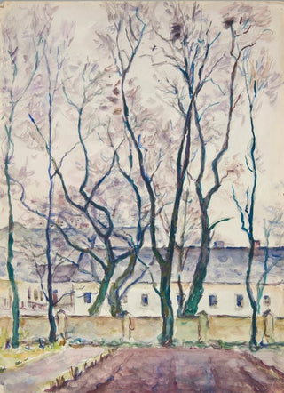 Ivan Ivanec - Pejza z drzewami i zespoem architektonicznym za murem.webp