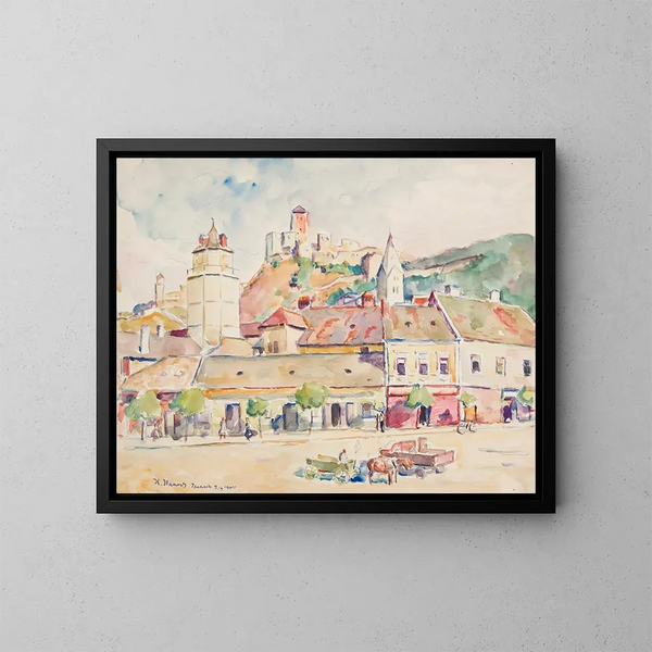 Vue de Trenczyn, fragment de la ville avec le château - Ivan Ivanec — framed artwork on a wall