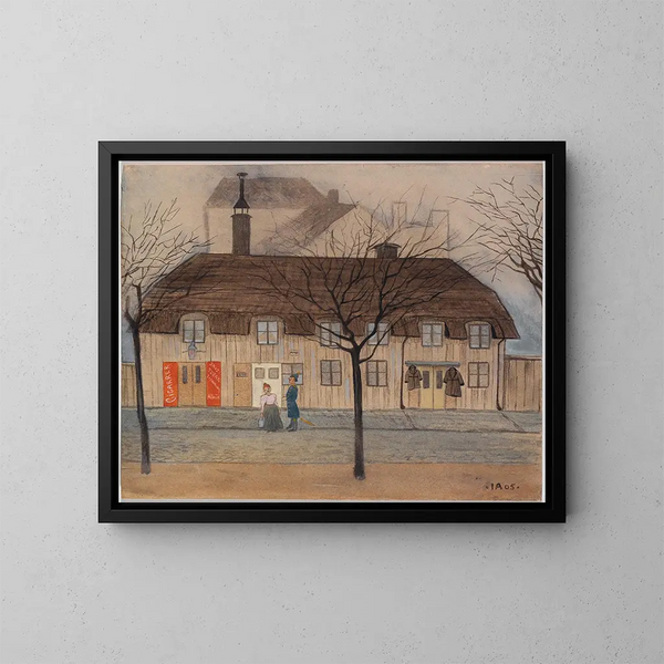 Woman cleaning and policeman - Ivar Arosenius — framed artwork on a wall