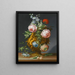 Natuurstudie van rozen en andere bloemen in een antieke vaas versierd met putti, alles op een rand - J. C. Sartori — ingelijst kunstwerk aan de muur