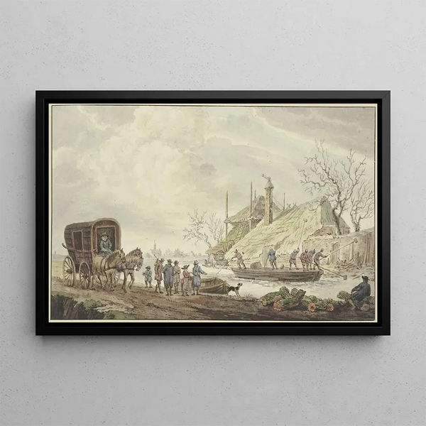J H Van Loon - Winterlandschaft an einem Bauernhof hauen Schiffer das Eis auf links eine Kutsche.webp