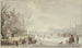 Landschap in de winter op de rivier, schaatsers links op de kade, een auto - J H van Loon — weergave van het kunstwerk