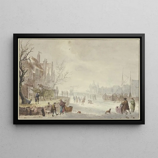 J H Van Loon - Winterlandschaft auf dem Flu Schlittschuhlufer links am Quai ein Wagen.webp