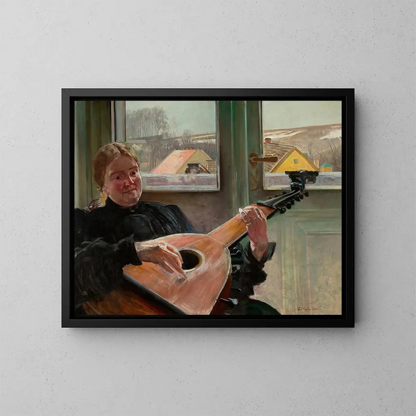 portret van de zus van de kunstenaar Helena met een luit - Jacek Malczewski — ingelijst kunstwerk aan de muur