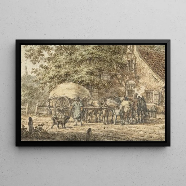 Halt in front of an inn in summer - Jacob Cats — framed artwork on a wall